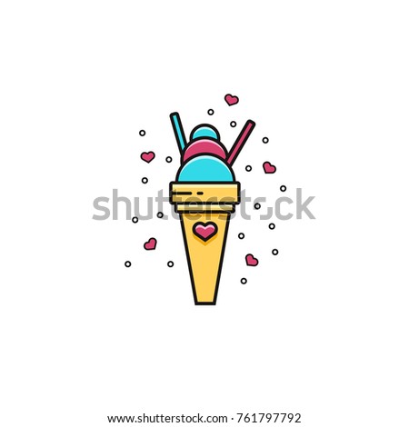 Ice cream in a cone flat color line icon on isolated background. Cold dessert vector illustration decorated with hearts - concept for Valentine's Day sticker, special menu, invitation cards.