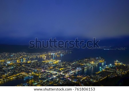 Bergen City, Scenic Aerial View Panorama  from Top of Mount Floyen  Viewpoint mountain in Norway