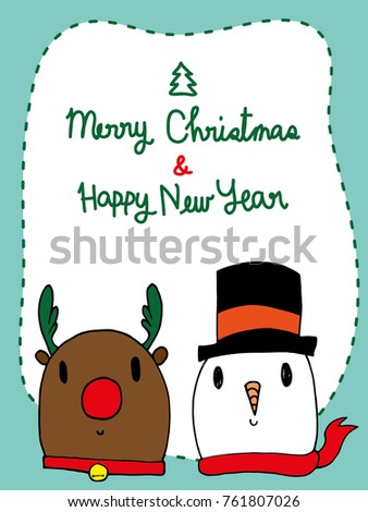 Deer and snowman with text merry christmas and Happy new year, cute vectoe, Holiday, Browm deer, snowman in hat. card.