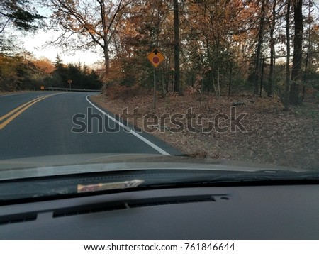 view from the car of road with fox dragging off raccoon or opossum roadkill from the road in autumn