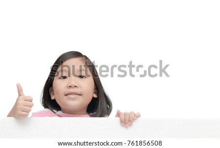 Cute asian girl giving thumb up gesture on white banner board isolated on white background with copy space for input text