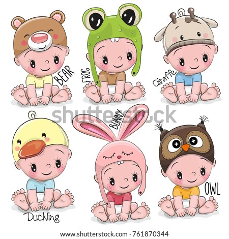 Set of Cute Cartoon Babies in hats of different animals