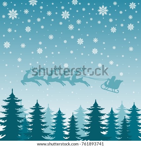 winter Christmas background. Santa Claus on deer. Christmas sleigh. Flying over the winter forest.Christmas snowfall.