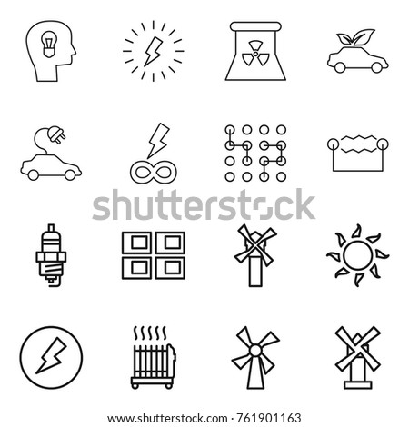Thin line icon set : bulb head, lightning, nuclear power, eco car, electric, infinity, chip, electrostatic, spark plug, panel house, windmill, sun, electricity, radiator