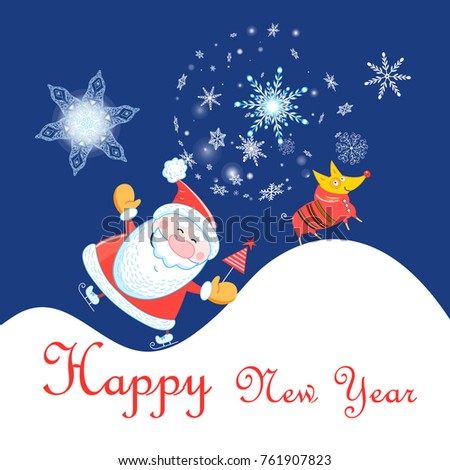 New Year celebration card with Santa Claus and dog on blue background with snowflakes