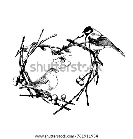 Hand drown black and white illustration of birds sitting on heart shaped branches. Valentine's day greeting card.