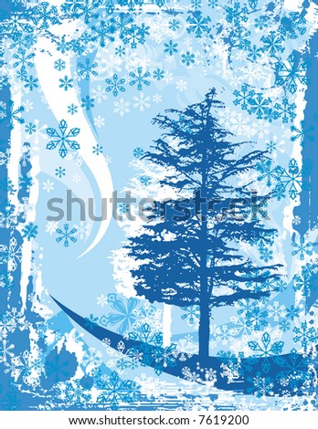 Winter background with a pine tree and snowflakes.