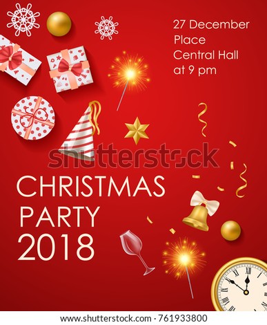Christmas party 2018 invitation banner with gifts, clock and ball, snowflakes and glass on vector illustration