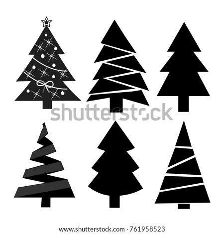 Set of Six Christmas Trees in Modern Flat Design. Different Shape and Decoration. Monochrome Vector Illustration