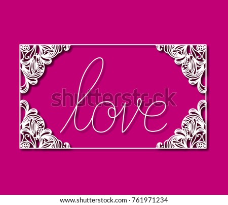 laser cutting of rectangular frame with floral border and love text inside with magenta color background