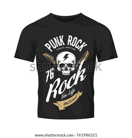 Vintage punk rock vector logo isolated on dark t-shirt mock up. Premium quality skull logotype tee-shirt emblem illustration. Street wear legendary music style old retro tee print design.