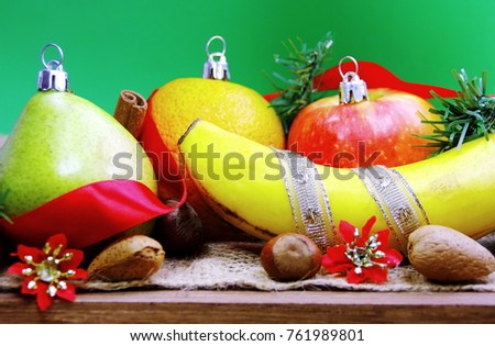 Christmas fruits. Christmas table with fruits arrangement   