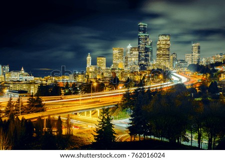Seattle skylines and Interstate freeways , Seattle, Washington State, USA.city scape and high speed concept.