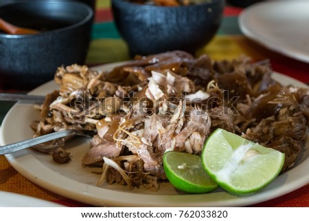 Mexican carnitas, pork dish served in tacos in the state of Michoacan