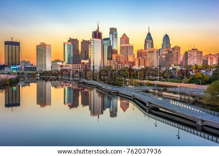 Philadelphia, Pennsylvania, USA downtown skyline at dusk on the Schuylkill River. Royalty-Free Stock Photo #762037936