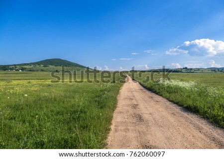Rural dust road horizon in great green fields.