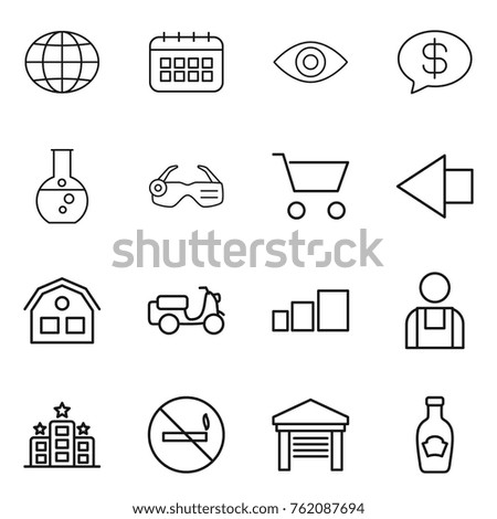 Thin line icon set : globe, calendar, eye, money message, round flask, smart glasses, cart, left arrow, house, scooter shipping, sorting, workman, hotel, no smoking, garage, ketchup
