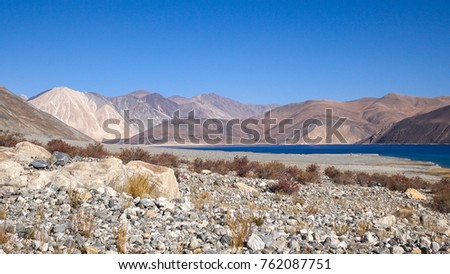 Pangong Lake with mountain and blue sky, Ladakh, North India