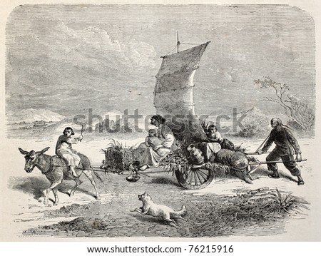 Old illustration of Chinese sail cart. Created by Bayard and Gauchard, after photo of Fane, published on Le Tour du Monde, Paris, 1864