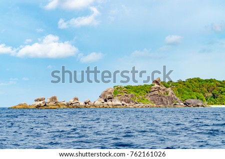 Beautiful Seascape with Focus on the Forest on the Mountain Rock in the Sea at Similan Islands, Thailand.