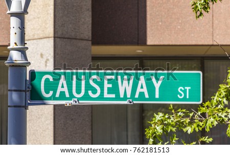 street sign causewas Street downtown Boston, Massachusetts, USA