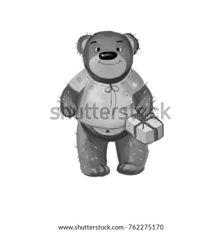 black and white drawing bear with gift