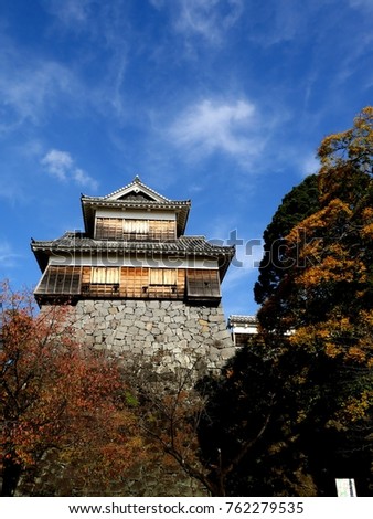 Kumamoto castle view on November 16, 2017. The large japanese castle was damaged by earthquake on April 2016 and now repairing. Kyushu Japan.