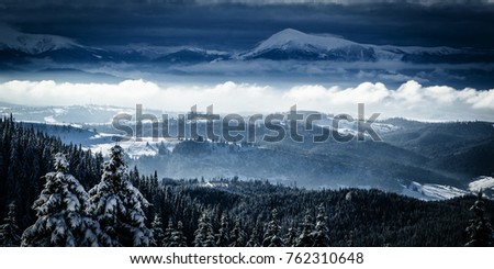Panoramic view over Carpathian Mountains in wintertime.