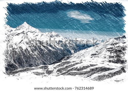 sketch effect picture of High mountains under snow in the winter
