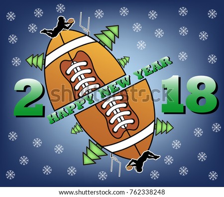 happy new year 2018 and ootball with Christmas trees. football player jumping with the ball. Vector illustration