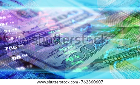 Finance concept image, corporate design for economy and finance news. Stock market data at background of 100 US dollar bills.