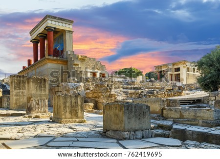 Knossos palace at Crete, Greece Knossos Palace, is the largest Bronze Age archaeological site on Crete and the ceremonial and political centre of the Minoan civilization and culture. Royalty-Free Stock Photo #762419695