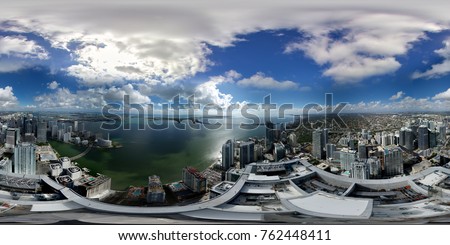 Aerial spherical panorama Brickell Miami FL all logos removed