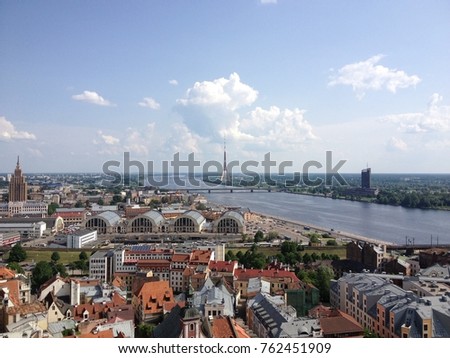 Landscape picture of the city of Riga shot from great height on a clear day, captured in Latvia