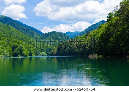 Panoramic picture-postcard view of Black Lake. Durmitor, Montenegro.
