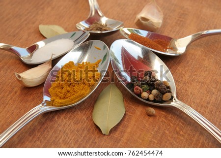 Food seasoning. Spices in a teaspoons.