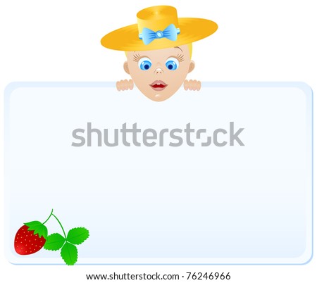 Boy in a yellow hat with a bow-wielding poster with a painted in a corner of strawberries