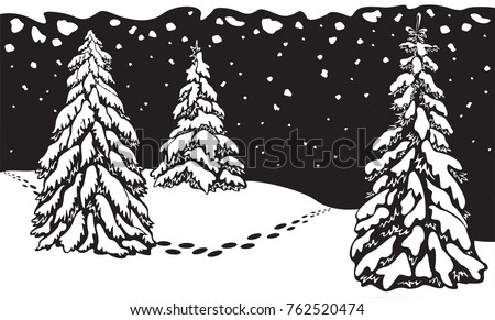 Winter landscape with firs and tracks on the snow