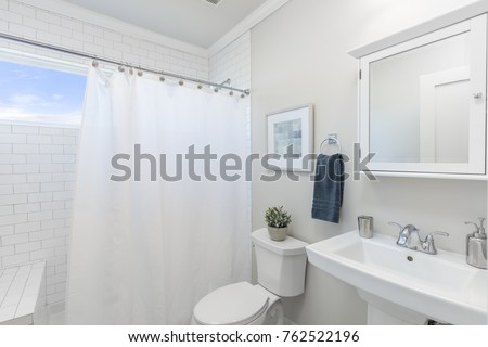 Bathroom with shower curtain.  Royalty-Free Stock Photo #762522196