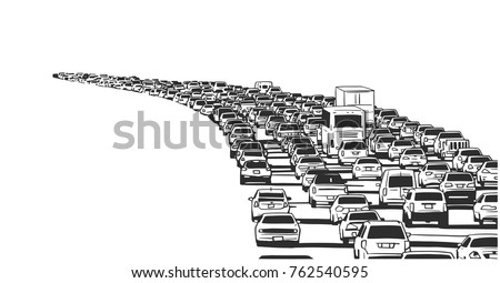 Illustration of rush hour traffic jam on freeway in black and white Royalty-Free Stock Photo #762540595