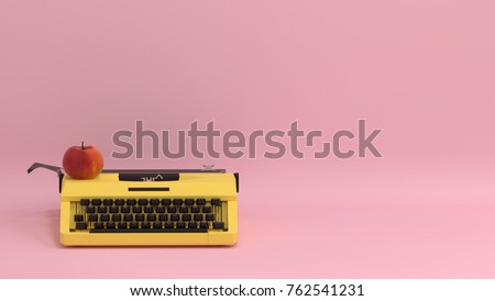 typewriter with fruit apple on the table colorful education in front of pink wall lovely picture for copy space minimal fruit and object concept pastel colorful lovely art Royalty-Free Stock Photo #762541231