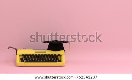 Graduation hat with typewriter on the table colorful education in front of pink wall lovely picture for copy space minimal fruit and object concept pastel colorful lovely picture art Royalty-Free Stock Photo #762541237