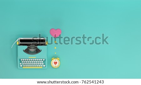 typewriter with heart clock on valentines day on the table colorful in front of lovely wall  picture for copy space minimal object concept pastel colorful lovely picture art Royalty-Free Stock Photo #762541243