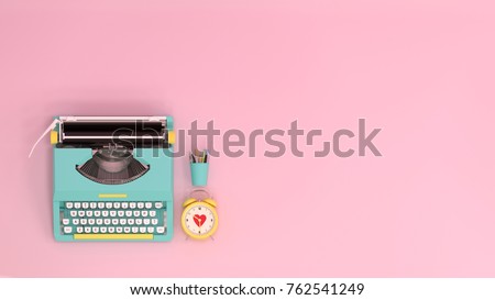 typewriter clock and pen top view on the table colorful education in front of pink wall lovely picture for copy space minimal fruit and object concept pastel colorful lovely picture art