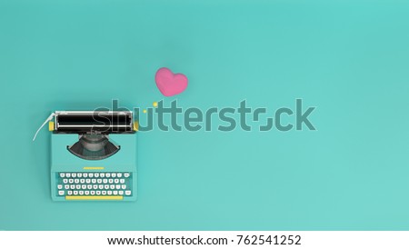 typewriter with heart on valentines day on the table colorful in front of lovely wall  picture for copy space minimal fruit and object concept pastel colorful lovely picture art Royalty-Free Stock Photo #762541252