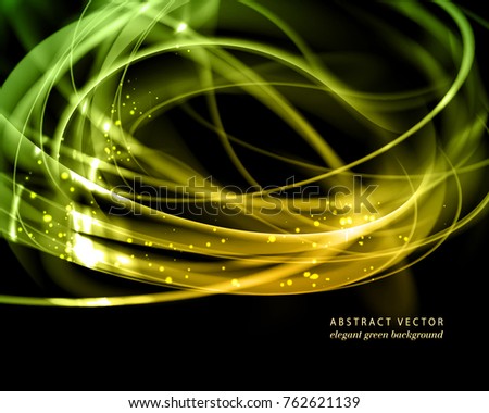 Abstract  green dark background. Wave vector frame with contrast glowing line.