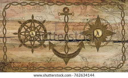 Anchor compass and wheel picture on wood