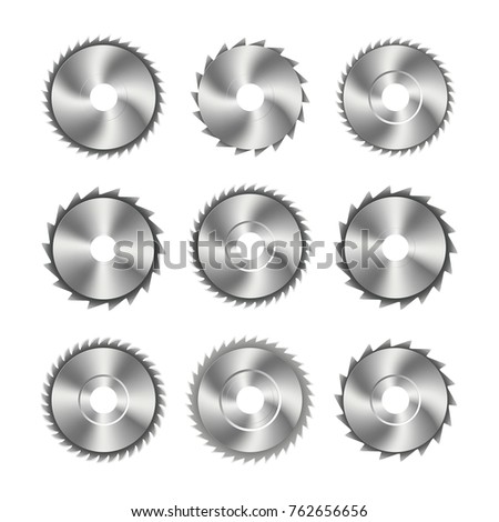 A set of different photo realistic steel blade for circular saws, tool design elements, isolated on white background.