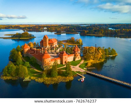 Beautiful drone landscape image of Trakai castle Royalty-Free Stock Photo #762676237