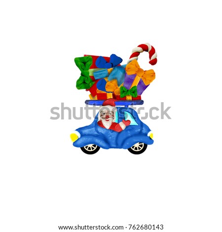 Santa and elf driving a car wirh Christmas gifts plasticine sculpture isolated cartoon